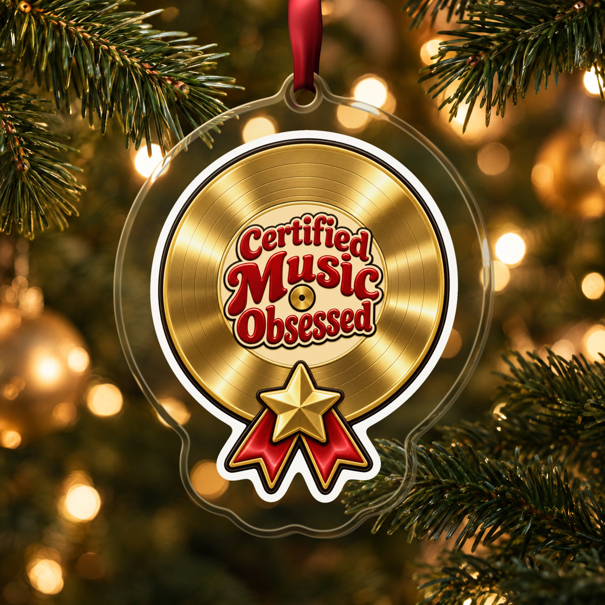 Certified Music Obsessed Gold Record clear acrylic Christmas ornament hanging on a lit Christmas tree with warm gold lights
