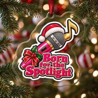 Born for the Spotlight Karaoke Mic clear acrylic Christmas ornament hanging on a Christmas tree with red and white baubles