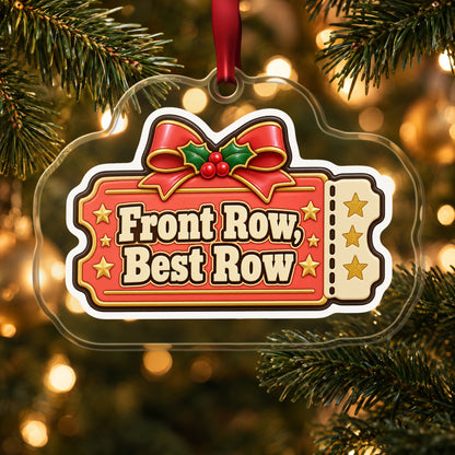Front Row, Best Row Concert Ticket clear acrylic Christmas ornament hanging on a lit Christmas tree with warm gold lights