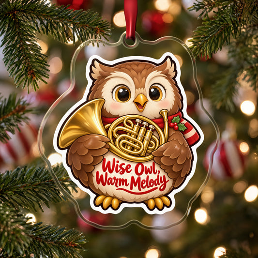 Wise Owl, Warm Melody French Horn clear acrylic Christmas ornament hanging on a Christmas tree with red and white baubles