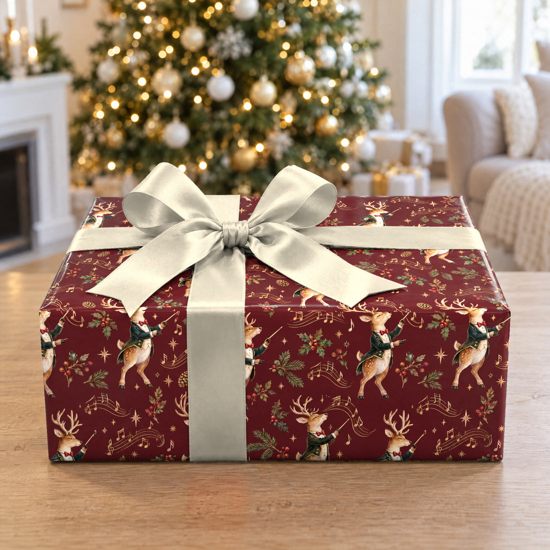 A gift wrapped in Reindeer Conductor Wrapping Paper in front of a Christmas tree