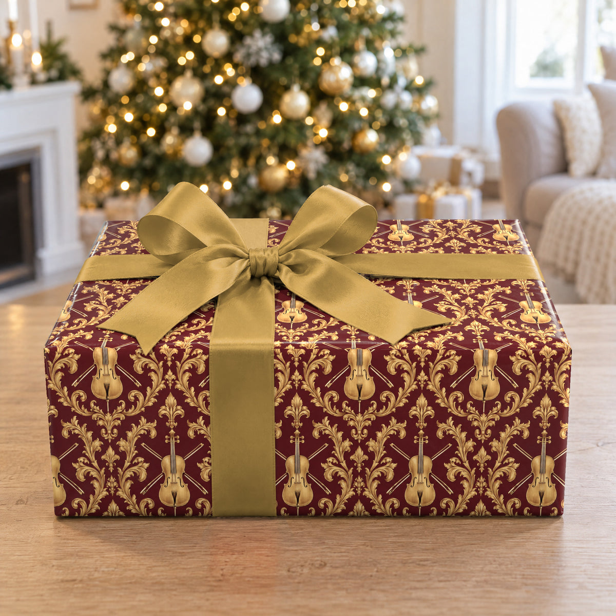 A gift wrapped in Crimson Cello Scrollwork Wrapping Paper in front of a Christmas tree