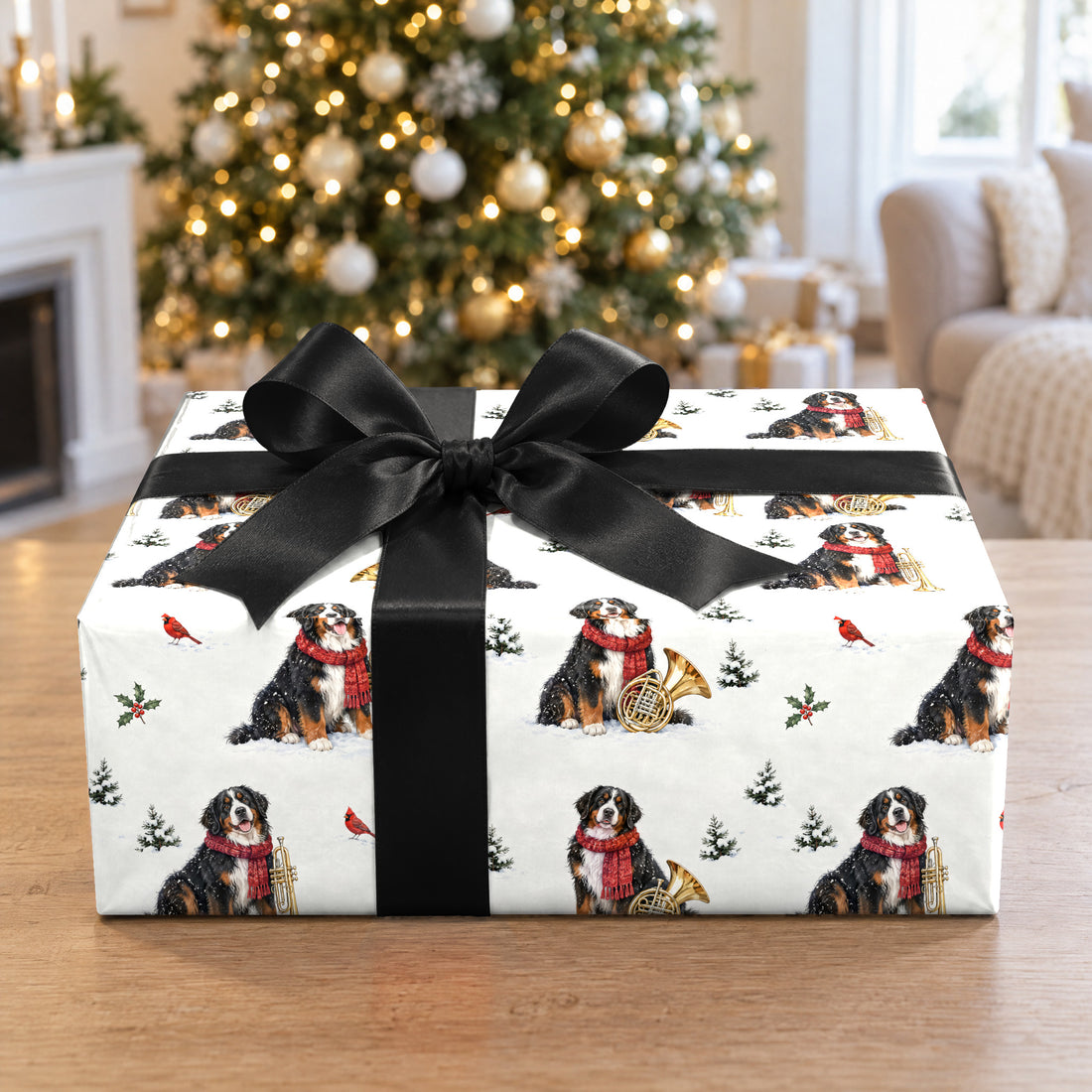 A gift wrapped in Bernese Brass Band Wrapping Paper in front of a Christmas tree