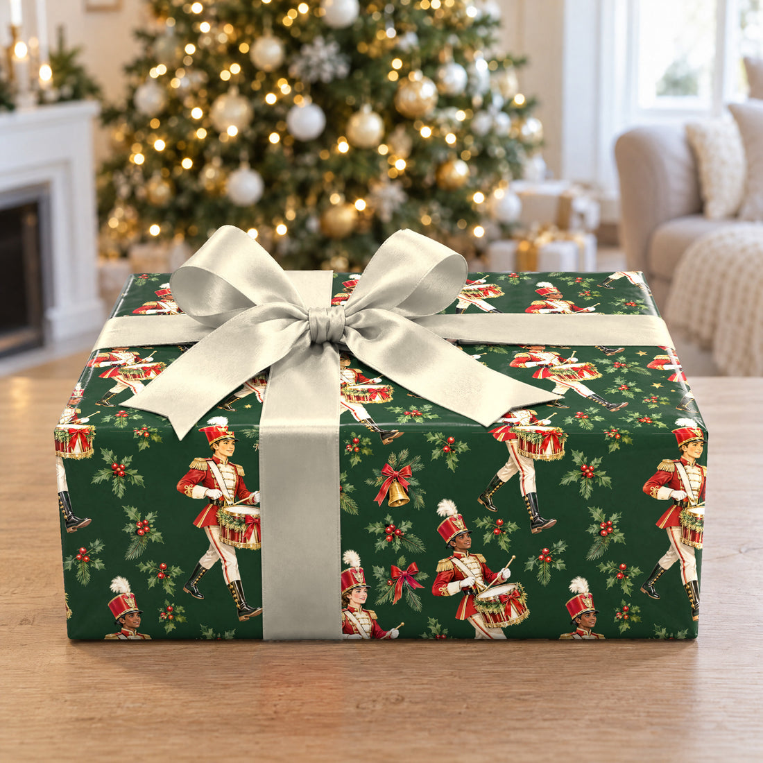 A gift wrapped in Tinsel Drumline March Wrapping Paper in front of a Christmas tree