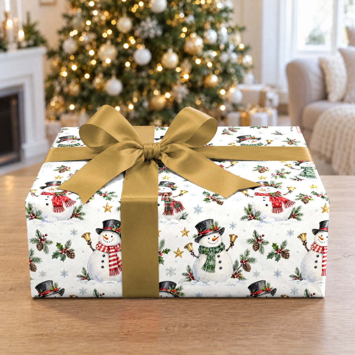A gift wrapped in Snowman Bell Choir Wrapping Paper in front of a Christmas tree