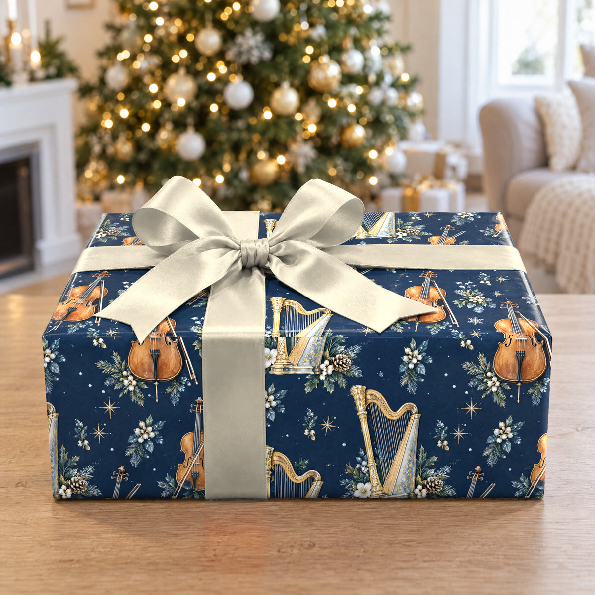 A gift wrapped in Symphony Under Snow Wrapping Paper in front of a Christmas tree