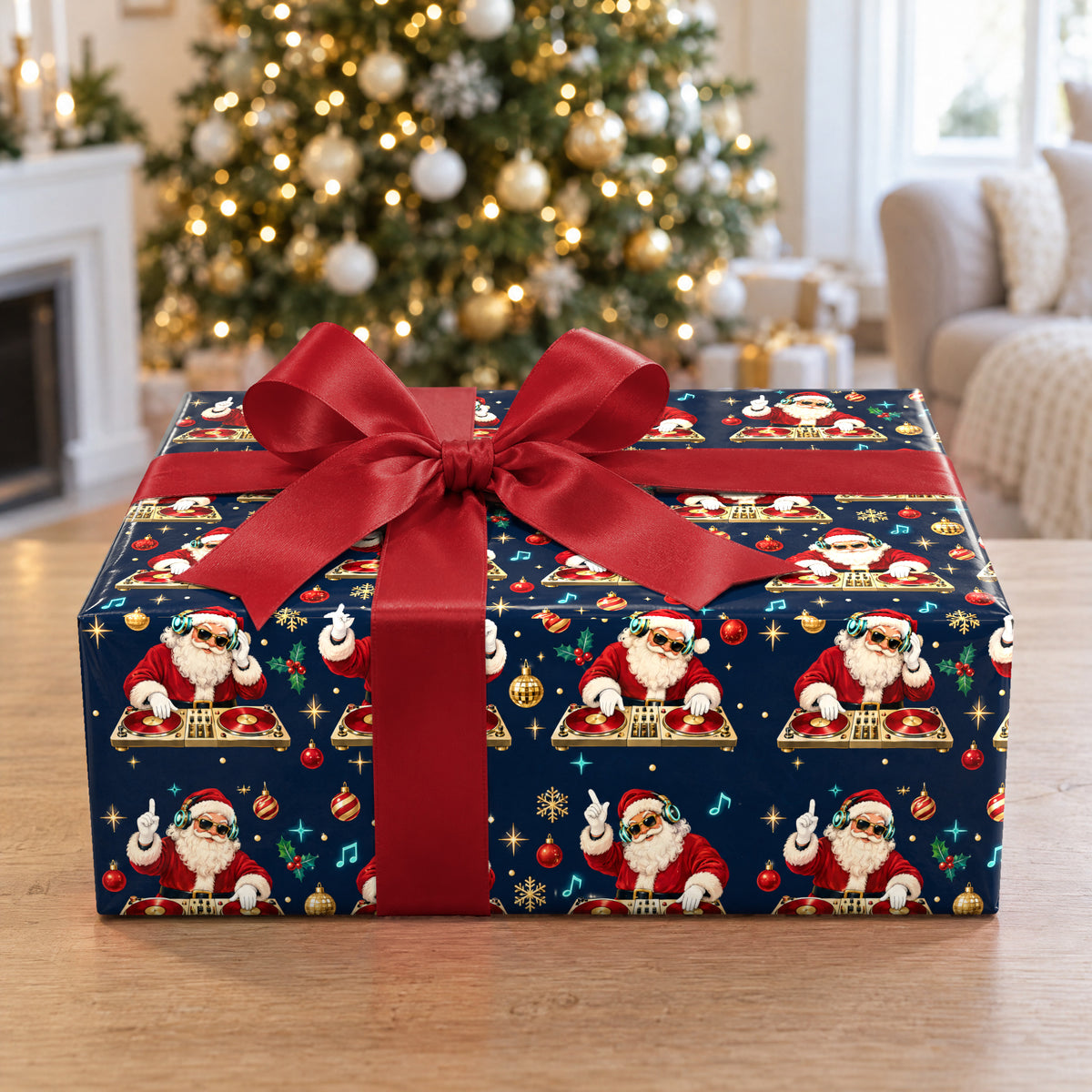 A gift wrapped in DJ Santa Turntables Wrapping Paper in front of a Christmas tree
