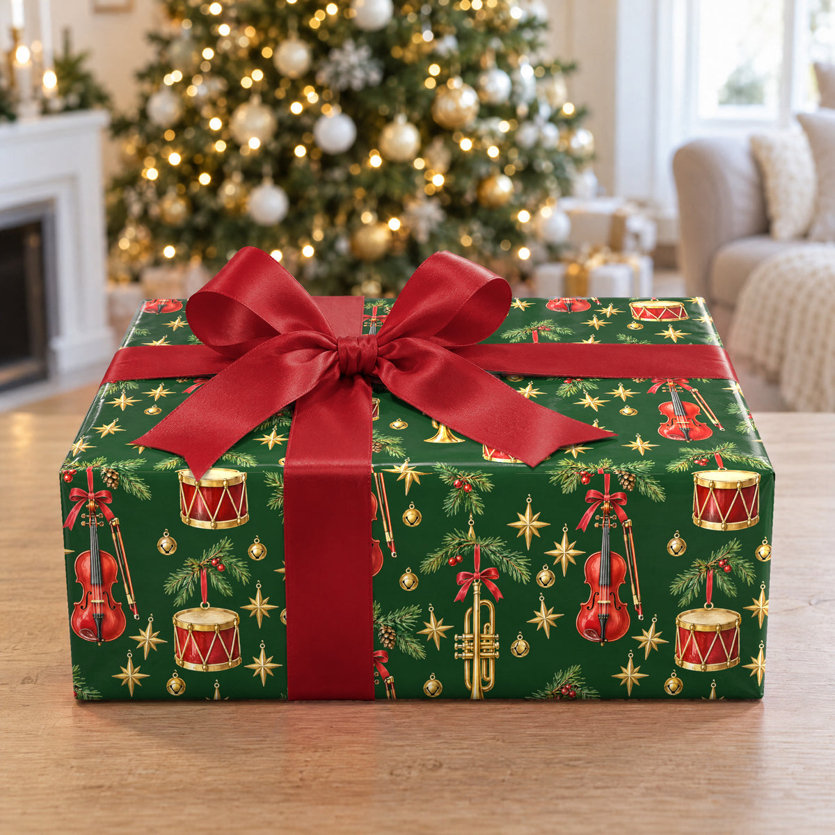 A gift wrapped in Ornament Instrument Boughs Wrapping Paper in front of a Christmas tree