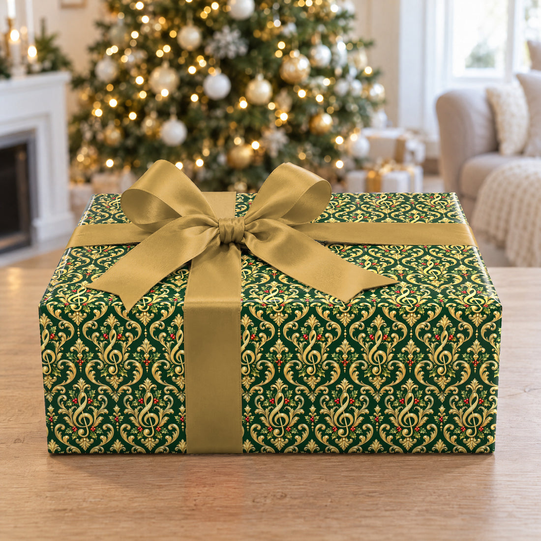 A gift wrapped in Gilded Treble Damask Wrapping Paper in front of a Christmas tree