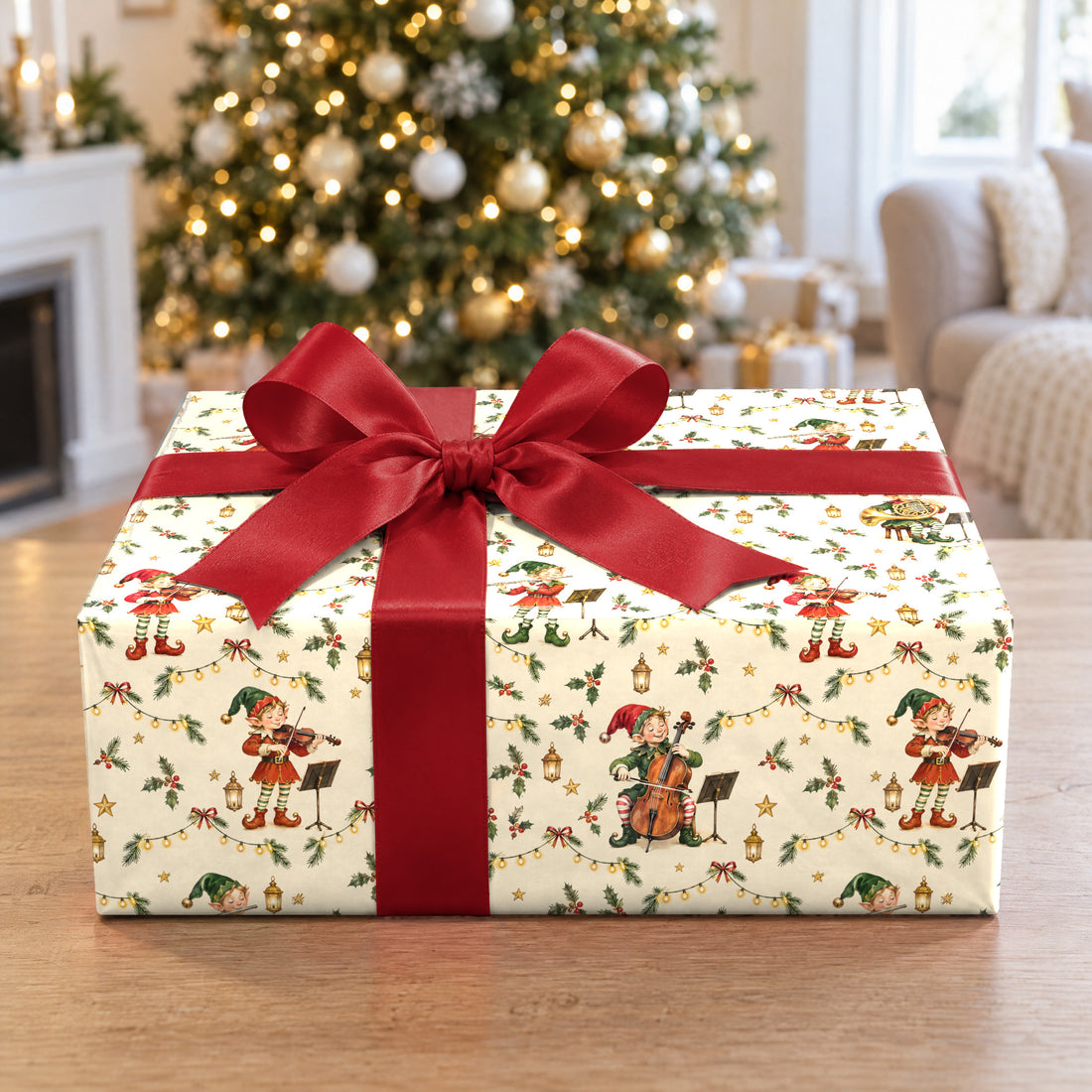 A gift wrapped in Elf Orchestra Pit Wrapping Paper in front of a Christmas tree