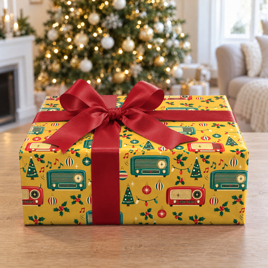 A gift wrapped in Retro Christmas Radio Wrapping Paper in front of a Christmas tree