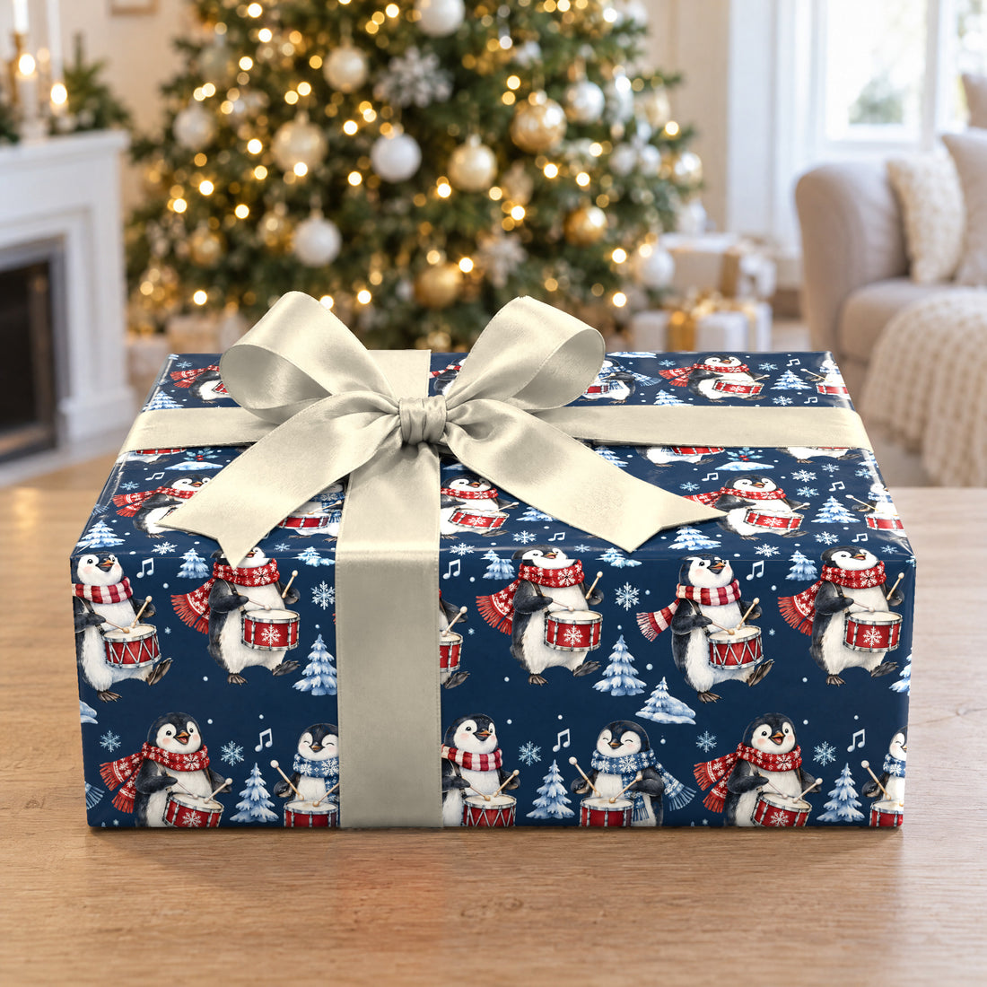 A gift wrapped in Penguin Drum Solo Wrapping Paper in front of a Christmas tree