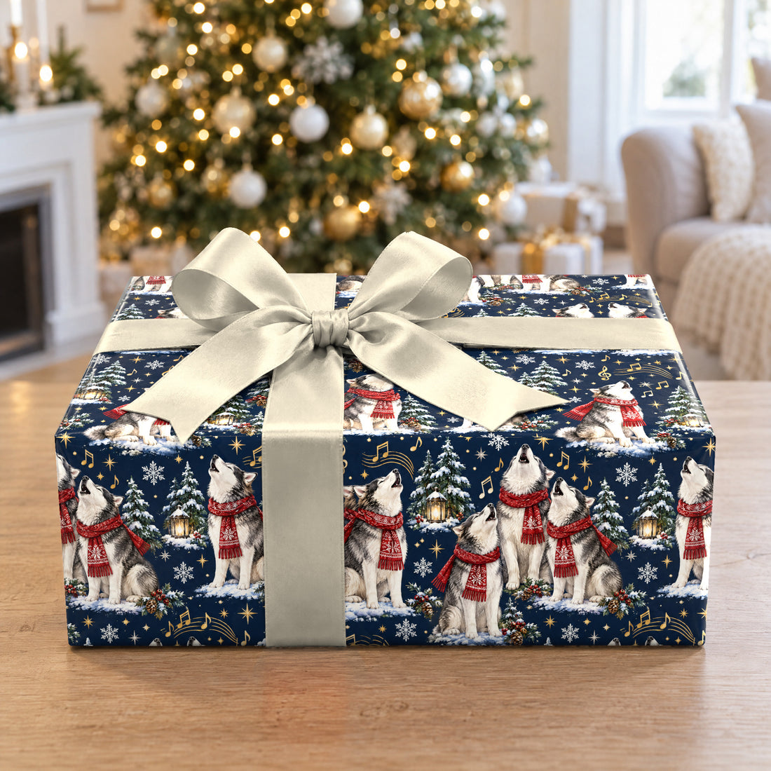 A gift wrapped in Husky Holiday Choir Wrapping Paper in front of a Christmas tree