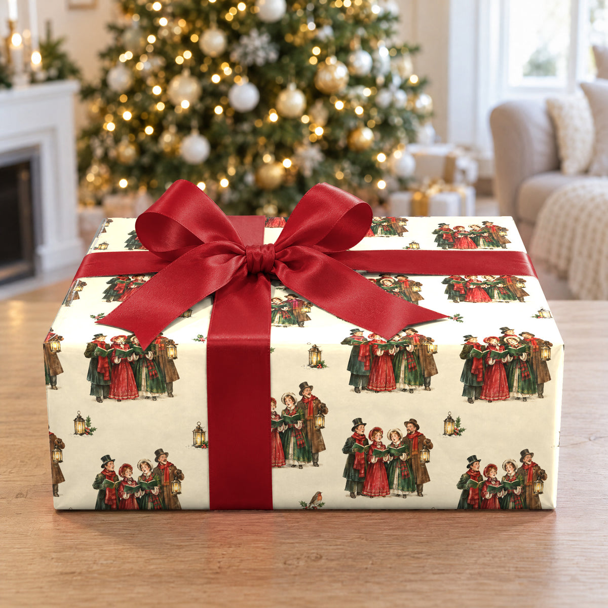 A gift wrapped in Caroling Quartet Wrapping Paper in front of a Christmas tree