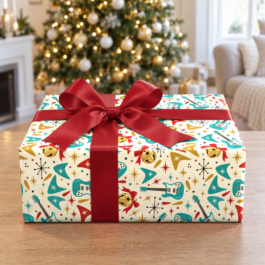 A gift wrapped in Jingle Bell Rock Retro Wrapping Paper in front of a Christmas tree