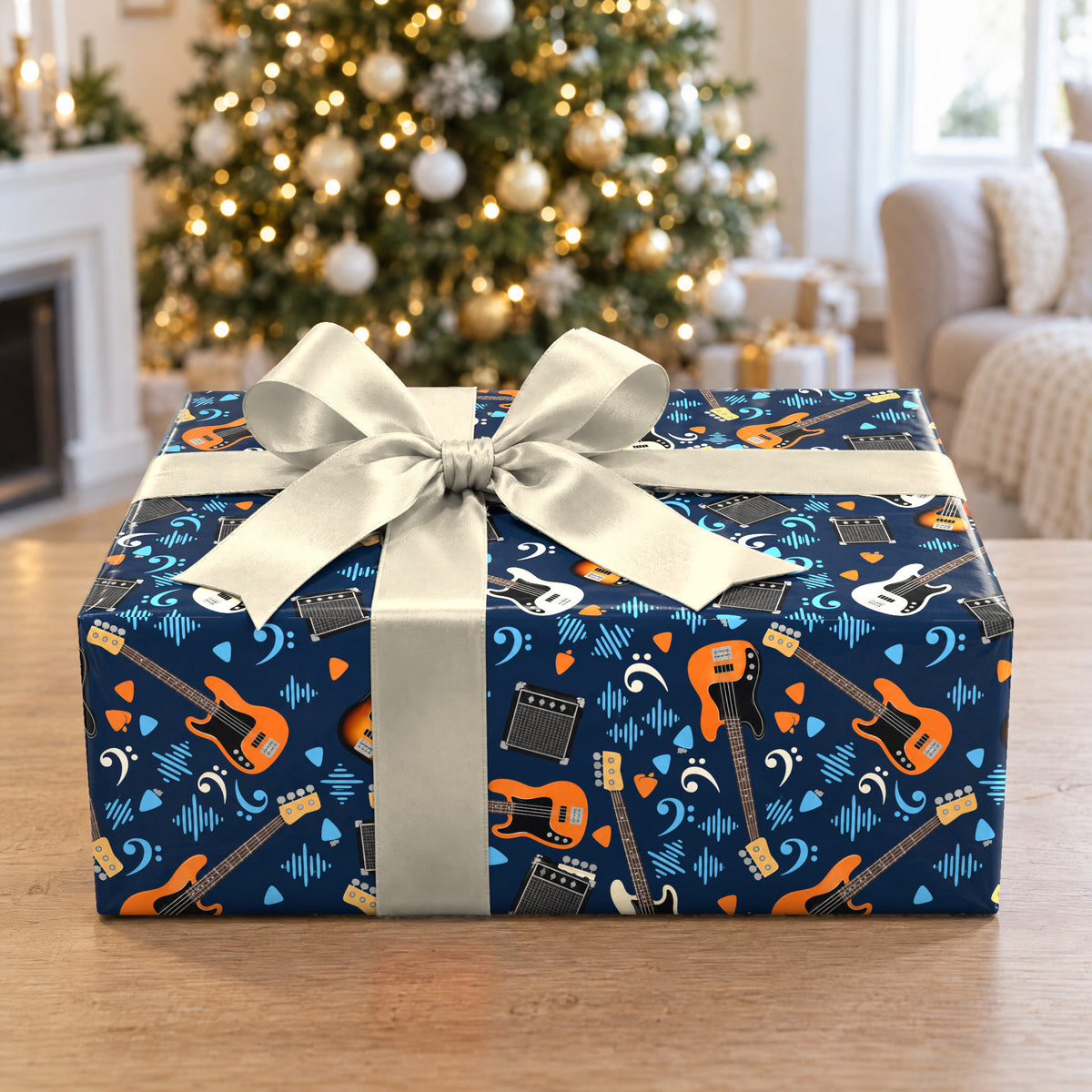 A gift wrapped in Bass Guitar Wrapping Paper in front of a Christmas tree
