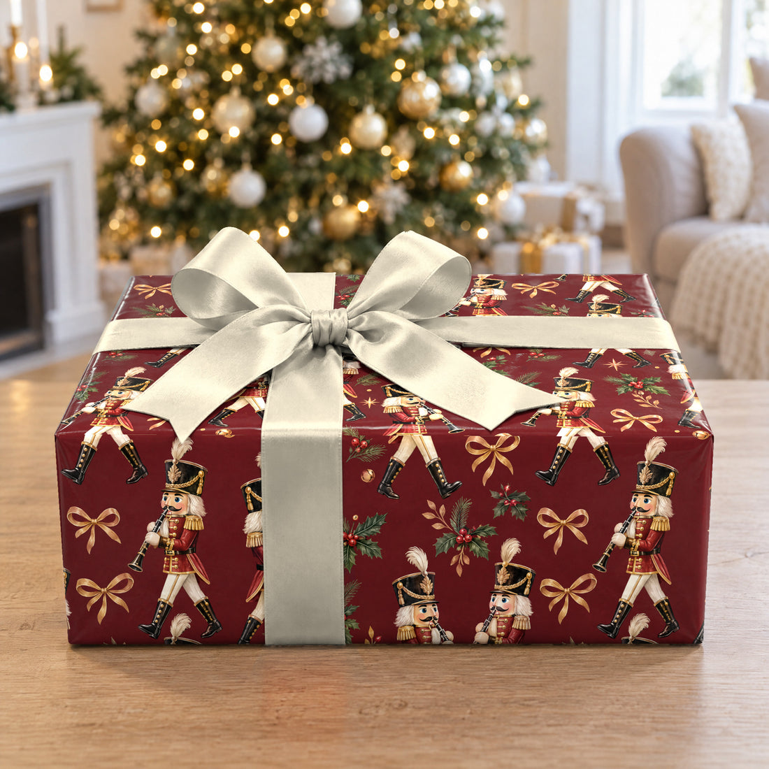 A gift wrapped in Nutcracker Clarinet March Wrapping Paper in front of a Christmas tree