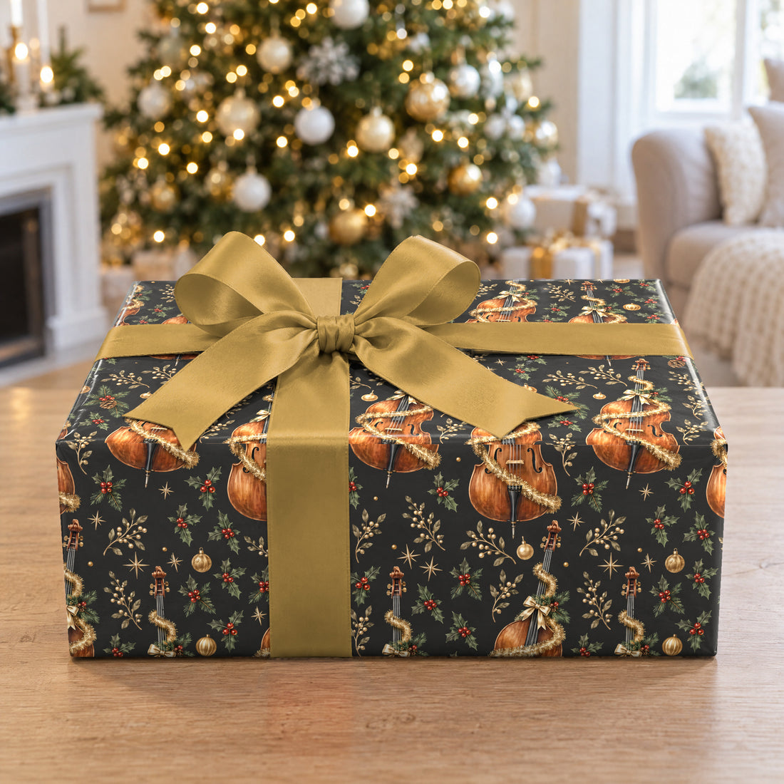 A gift wrapped in Upright Bass and Tinsel Wrapping Paper in front of a Christmas tree