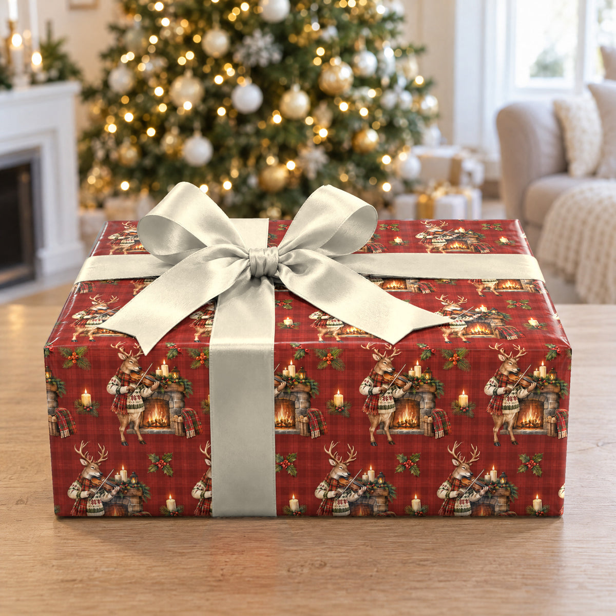 A gift wrapped in Reindeer Fiddle Fireside Wrapping Paper in front of a Christmas tree