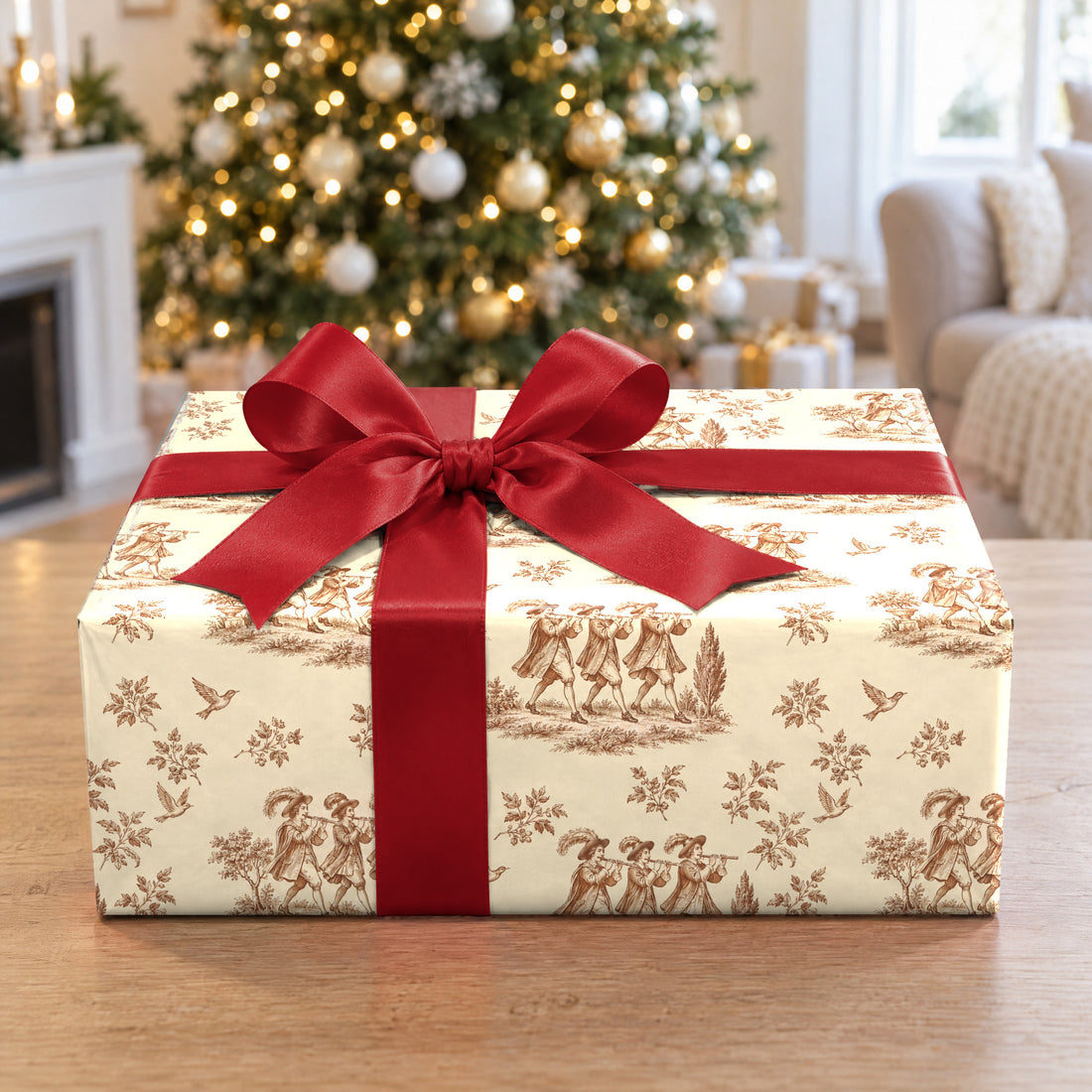 A gift wrapped in Pipers Piping Toile Wrapping Paper in front of a Christmas tree