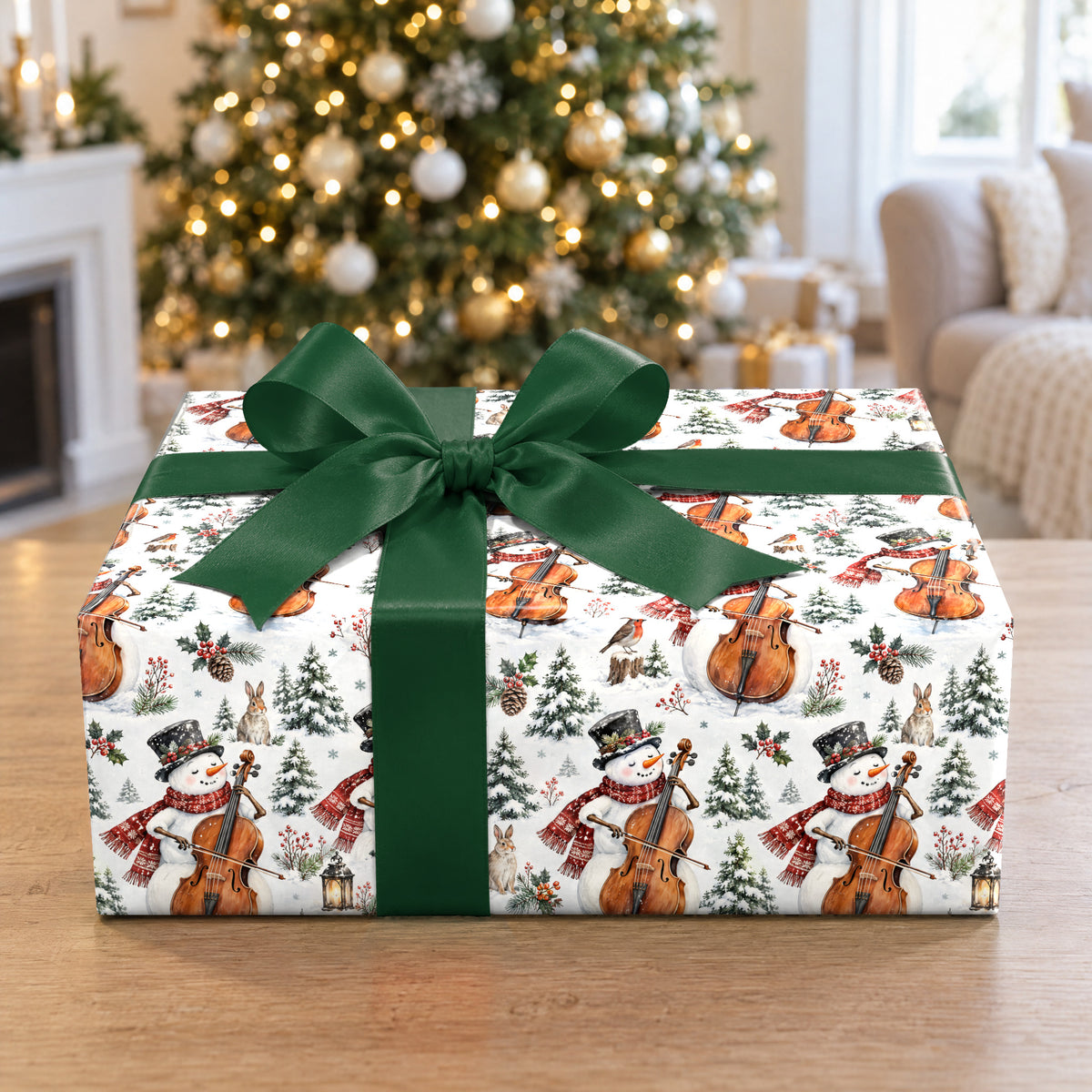 A gift wrapped in Snowman Cello Serenade Wrapping Paper in front of a Christmas tree