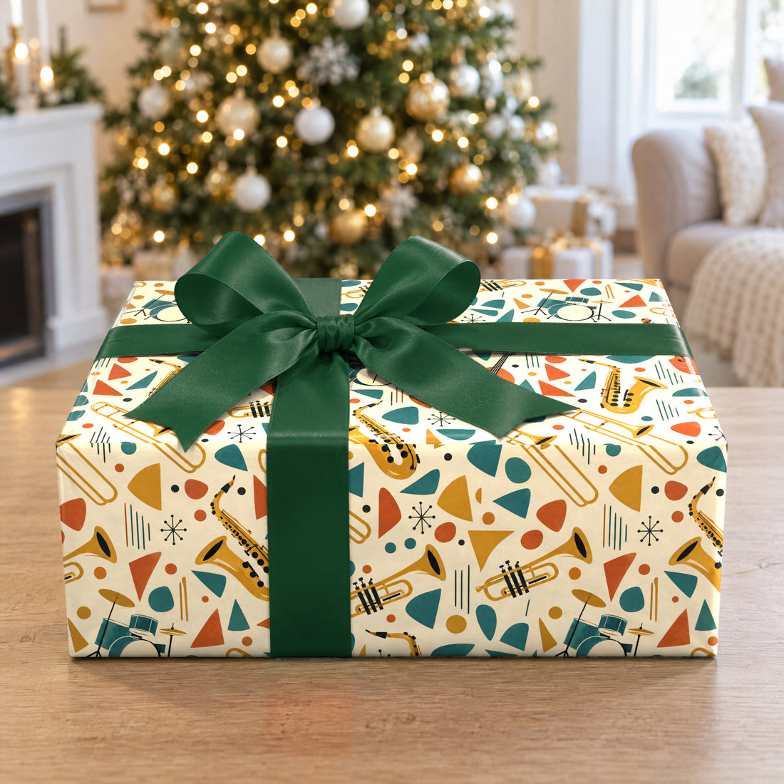 A gift wrapped in Mid-Century Jazz Band Wrapping Paper in front of a Christmas tree