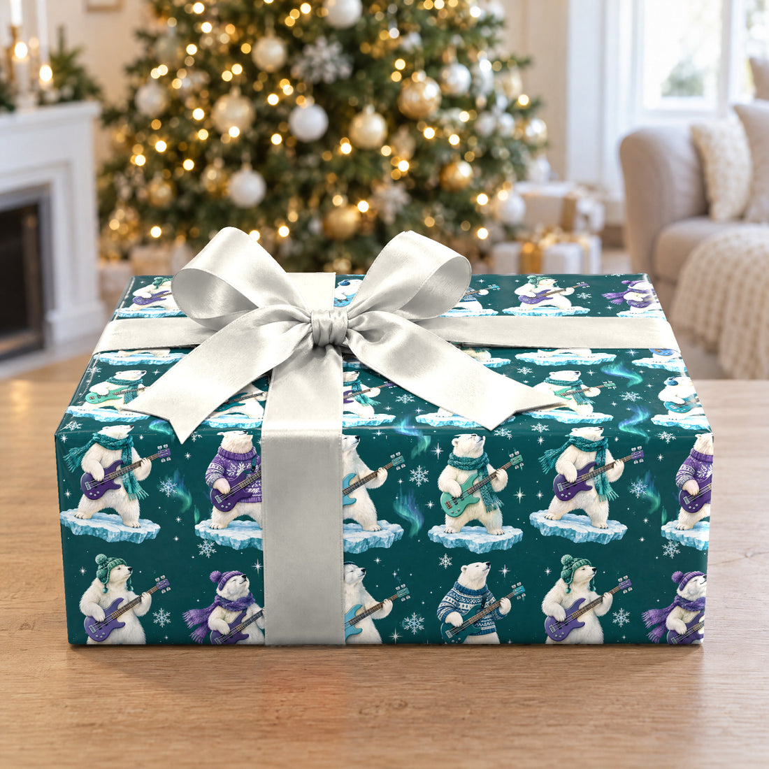 A gift wrapped in Polar Bear Bass Groove Wrapping Paper in front of a Christmas tree