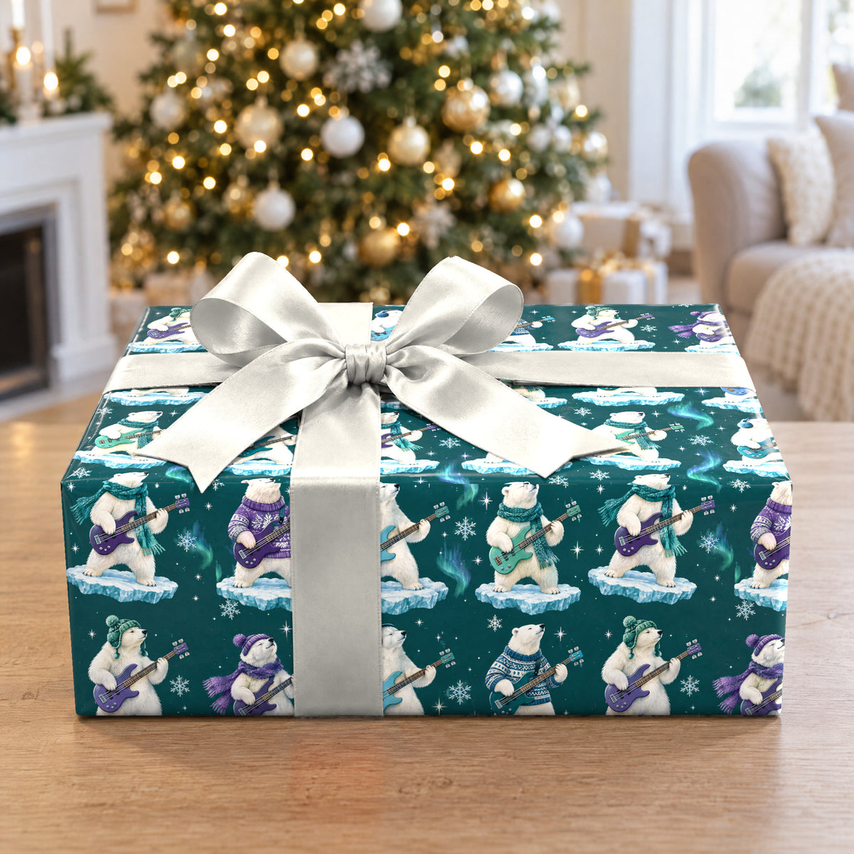A gift wrapped in Polar Bear Bass Groove Wrapping Paper in front of a Christmas tree