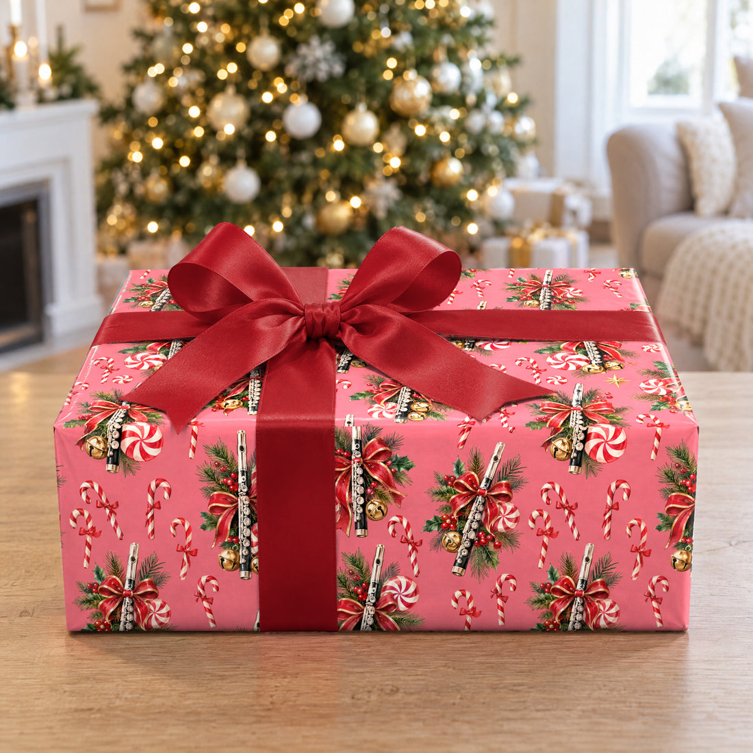A gift wrapped in Peppermint Piccolo Swirl Wrapping Paper in front of a Christmas tree