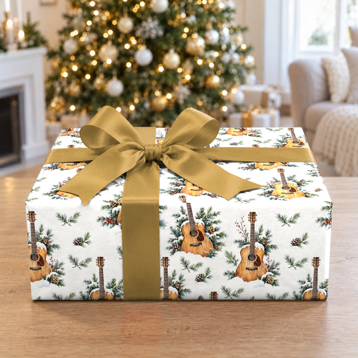 A gift wrapped in Acoustic Guitar Snowdrift Wrapping Paper in front of a Christmas tree