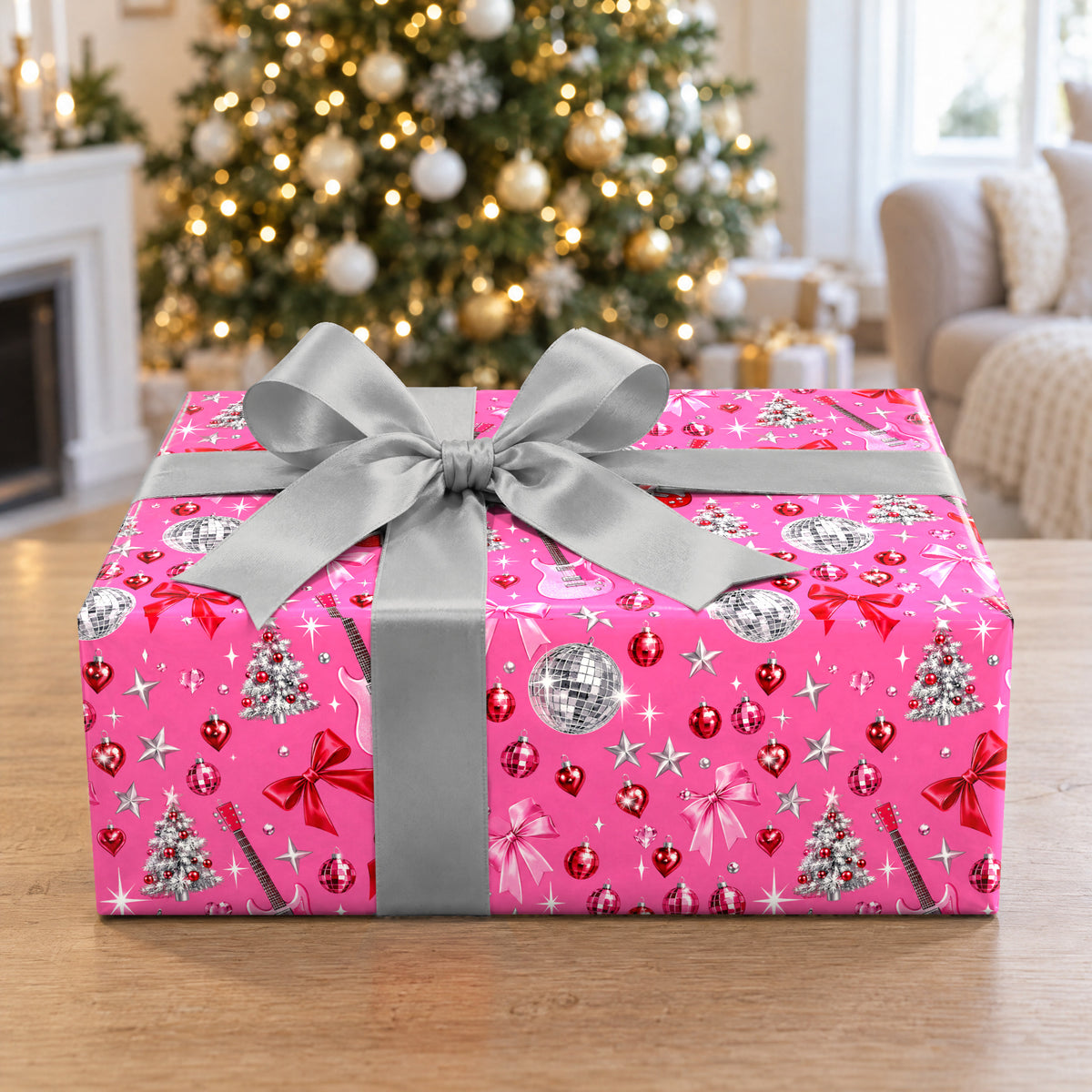 A gift wrapped in Pinkmas Disco Wrapping Paper in front of a Christmas tree
