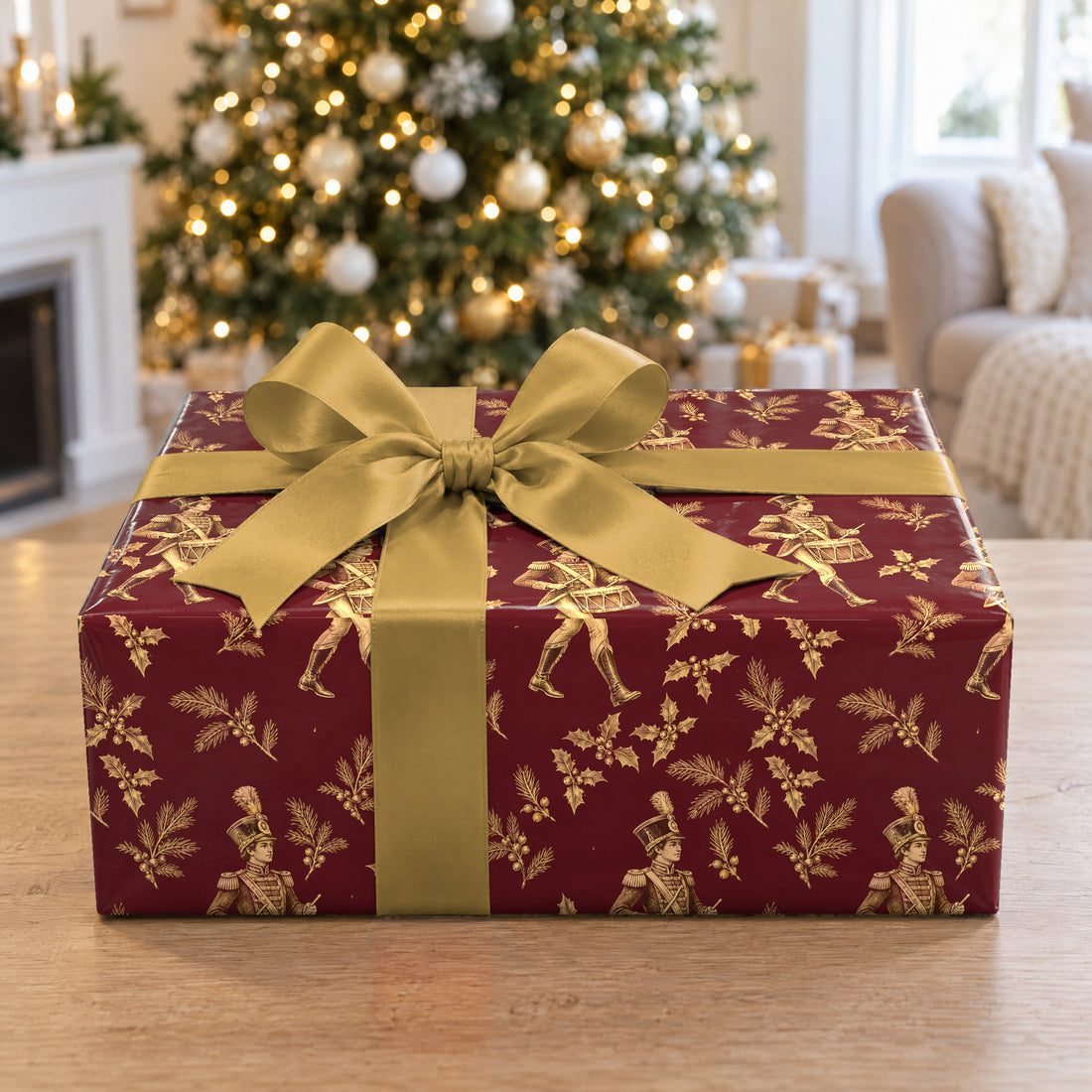 A gift wrapped in Drummers Drumming Toile Wrapping Paper in front of a Christmas tree