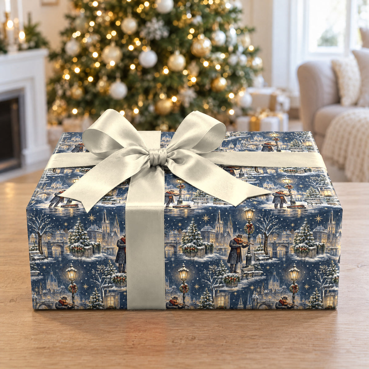 A gift wrapped in Snowy Street Musician Wrapping Paper in front of a Christmas tree