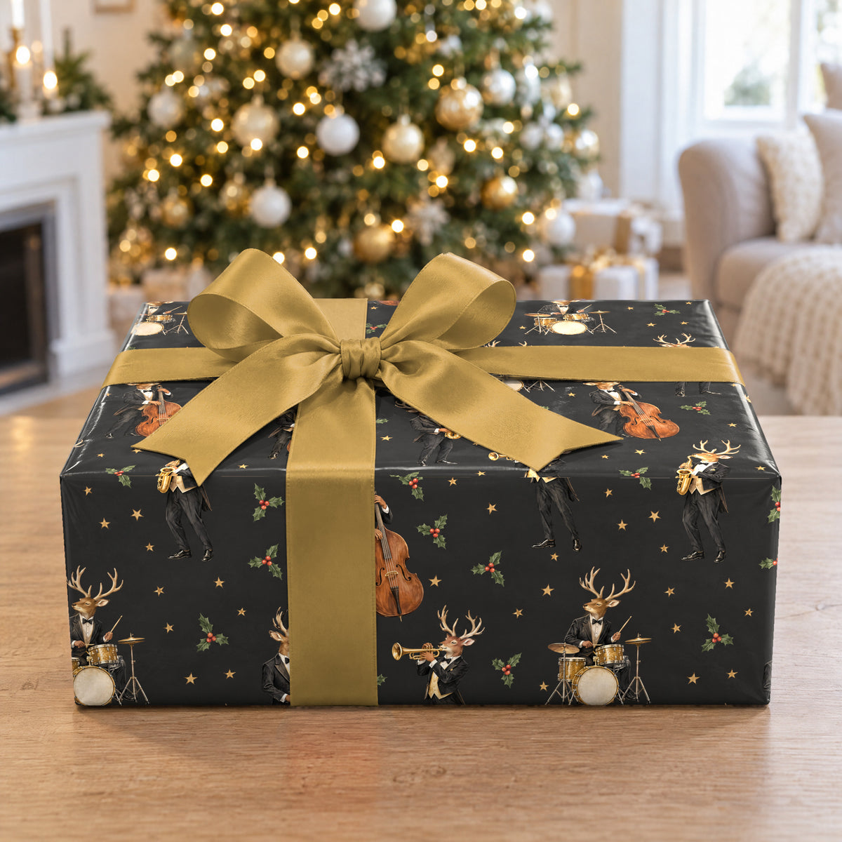 A gift wrapped in Reindeer Jazz Quartet Wrapping Paper in front of a Christmas tree