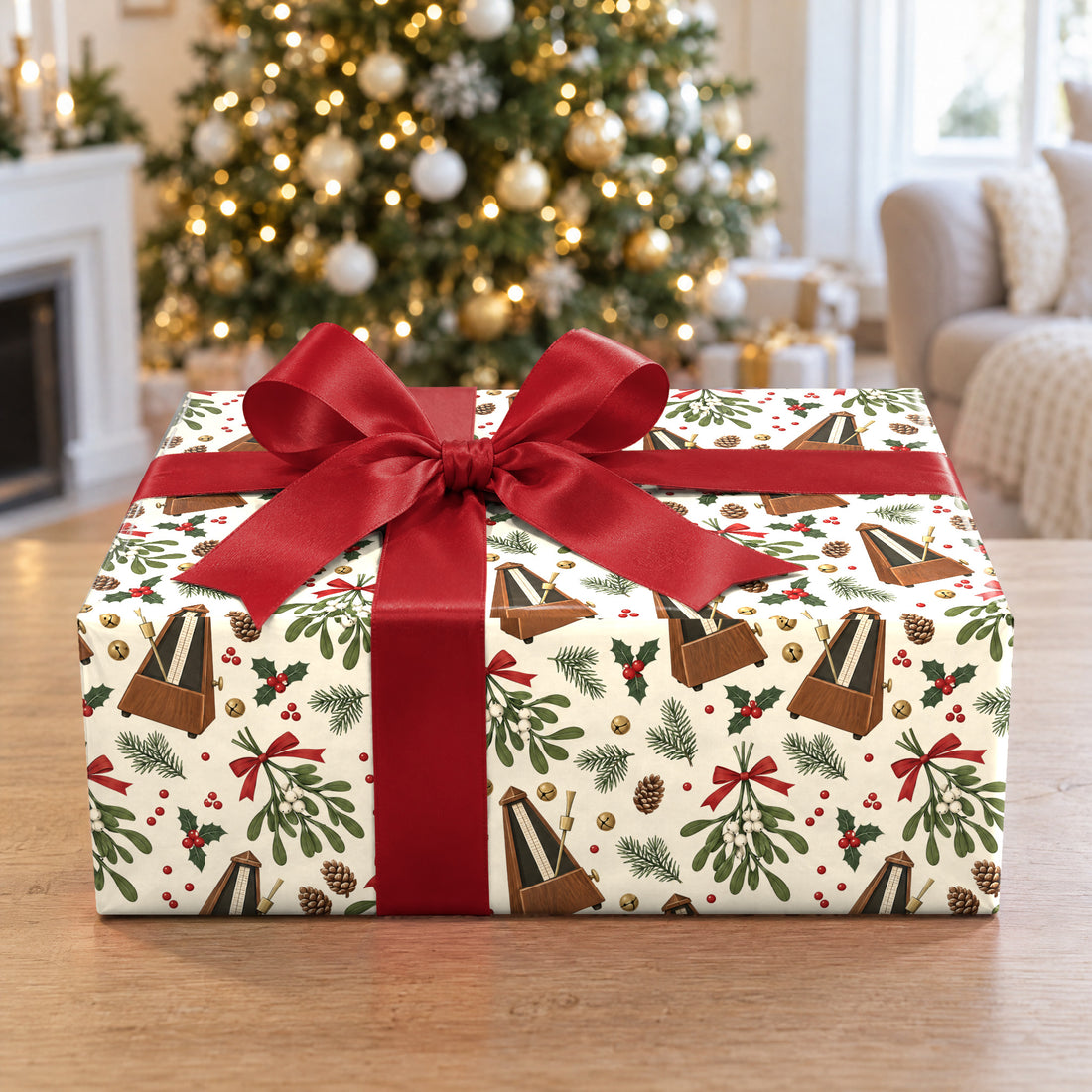 A gift wrapped in Metronome and Mistletoe Wrapping Paper in front of a Christmas tree