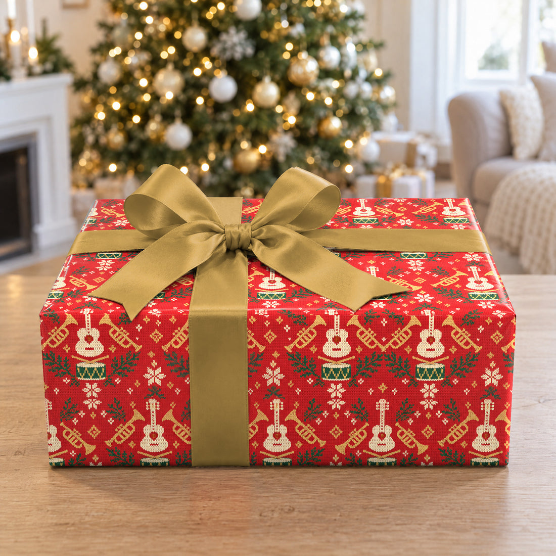 A gift wrapped in Ugly Sweater Band Icons Wrapping Paper in front of a Christmas tree