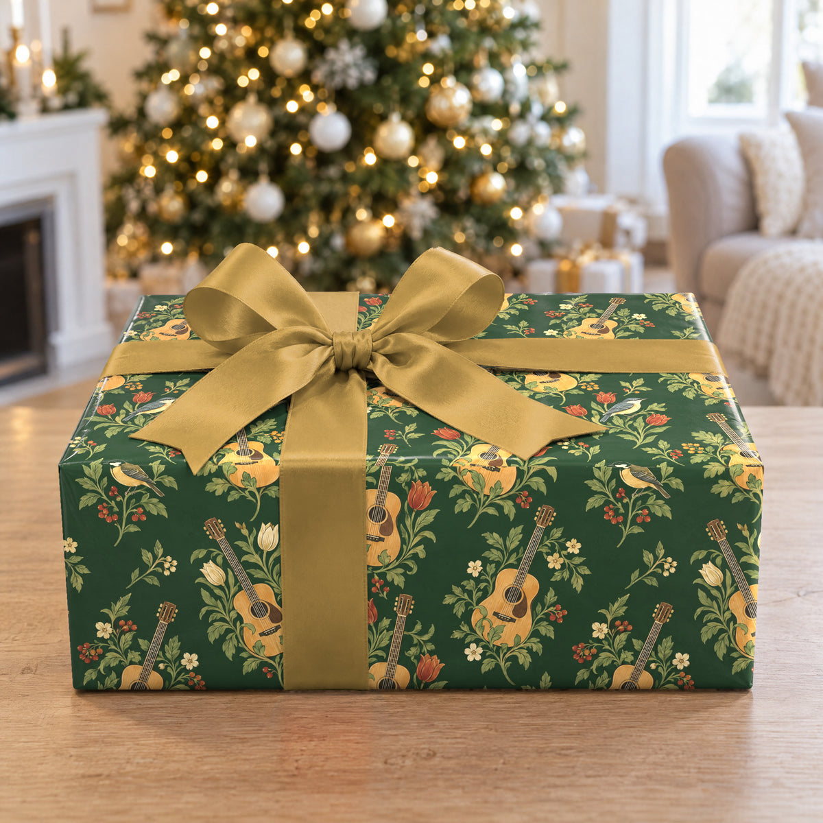 A gift wrapped in Guitar Botanical Toile Wrapping Paper in front of a Christmas tree