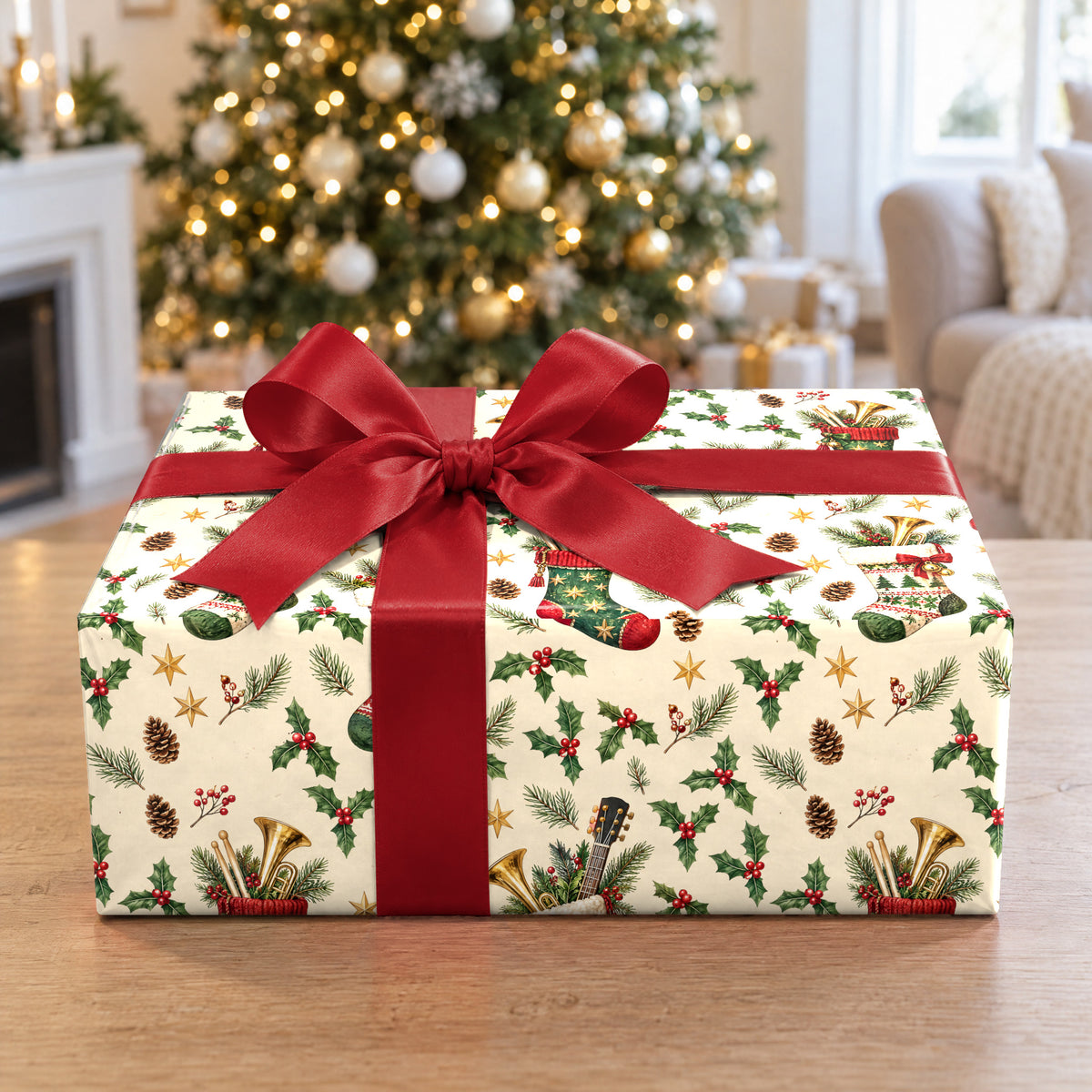 A gift wrapped in Stocking Full of Instruments Wrapping Paper in front of a Christmas tree