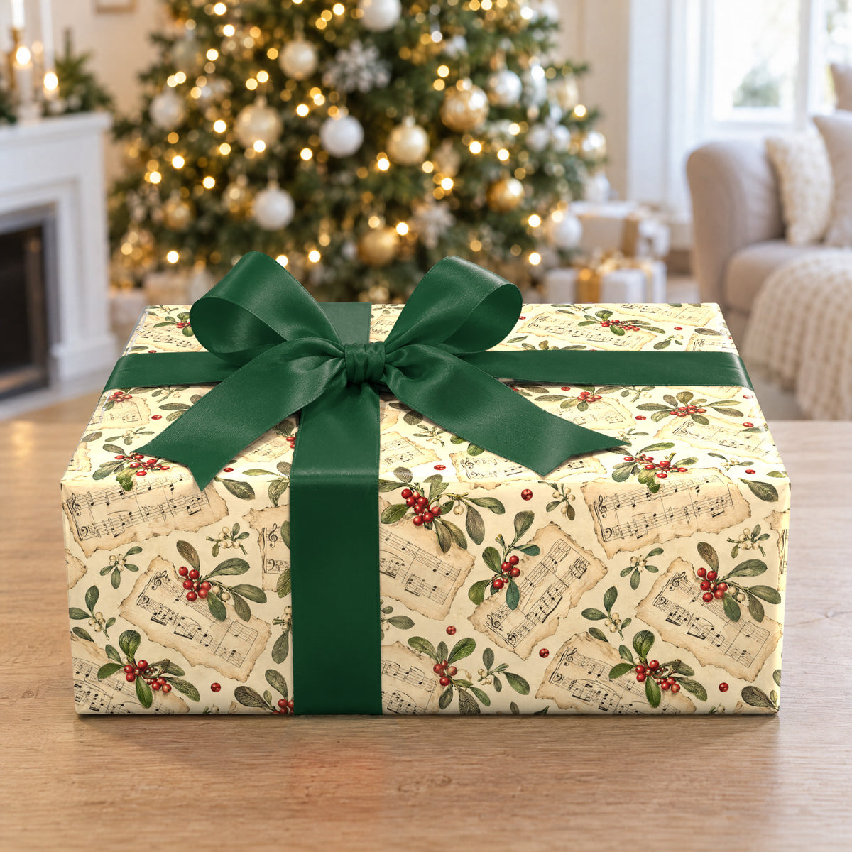 A gift wrapped in Sheet Music Mistletoe Wrapping Paper in front of a Christmas tree