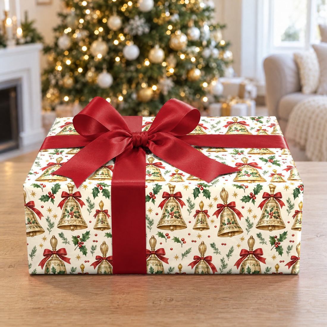 A gift wrapped in Bell Choir Holly Wrapping Paper in front of a Christmas tree