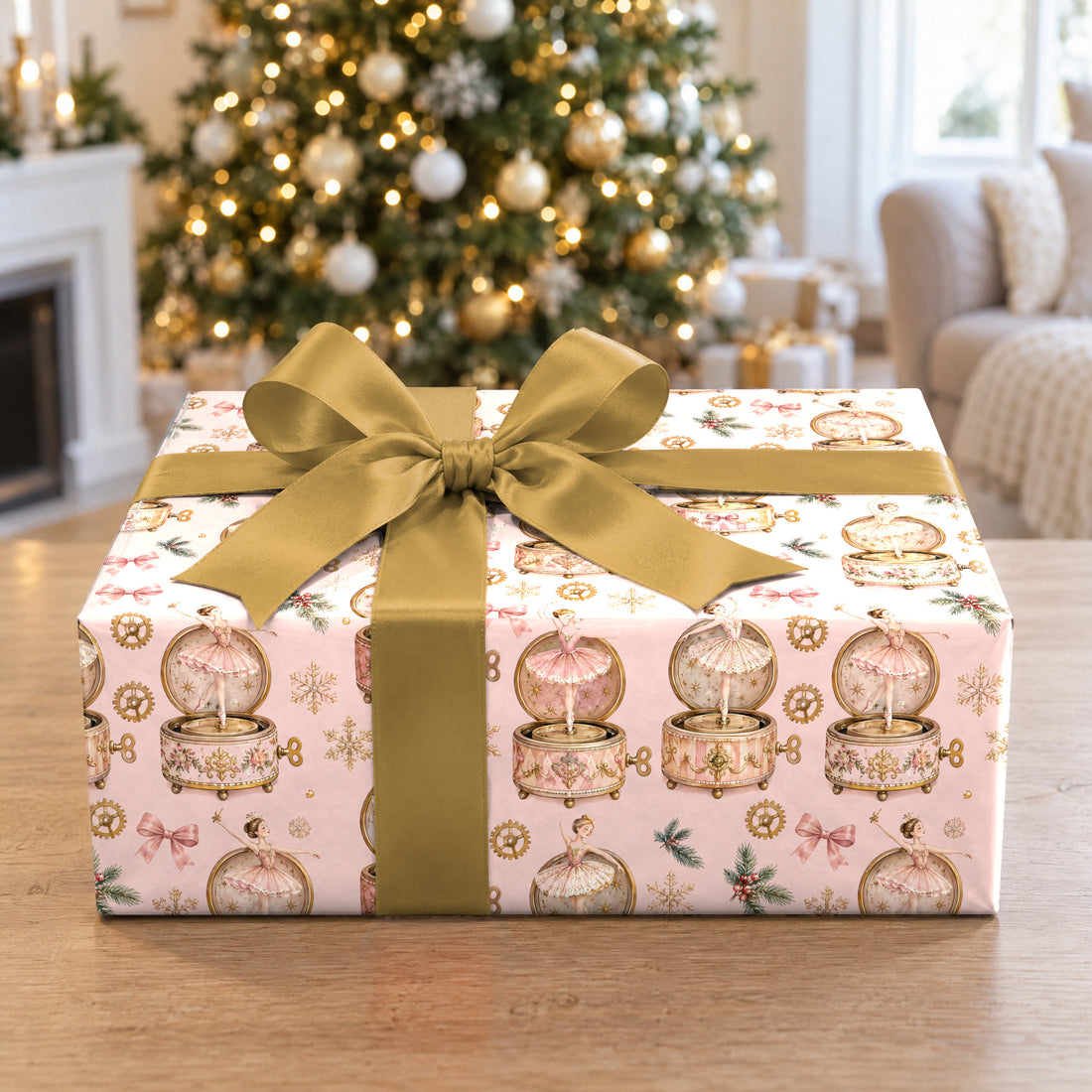 A gift wrapped in Music Box Ballerina Snow Wrapping Paper in front of a Christmas tree