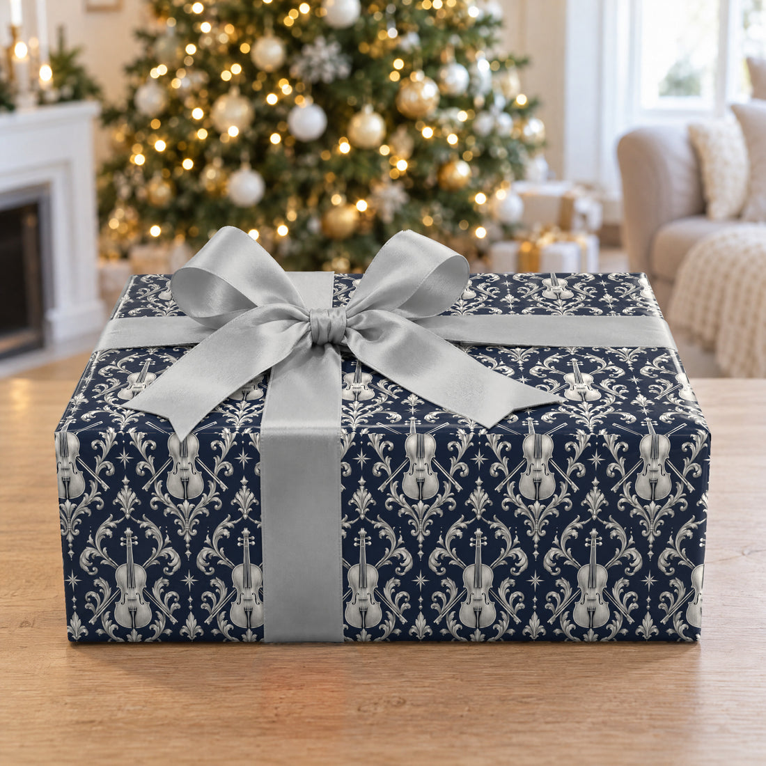 A gift wrapped in Midnight Violin Filigree Wrapping Paper in front of a Christmas tree
