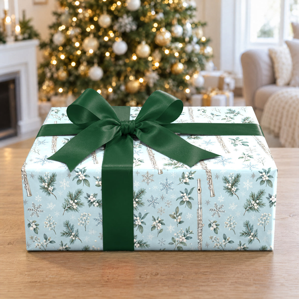 A gift wrapped in Flurries and Flutes Wrapping Paper in front of a Christmas tree