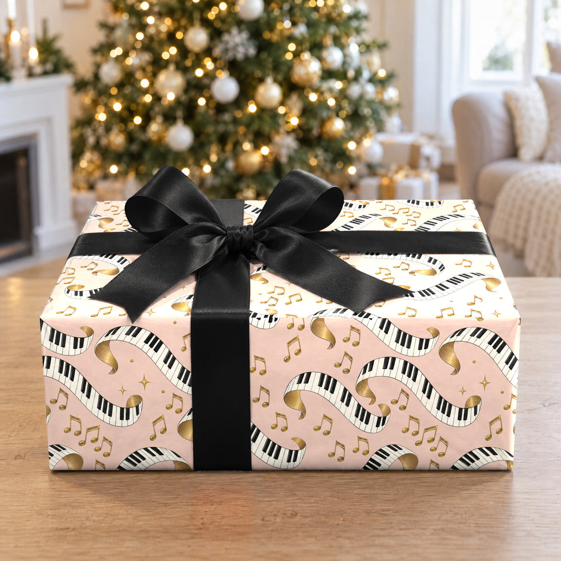 A gift wrapped in Piano Keys Wrapping Paper in front of a Christmas tree