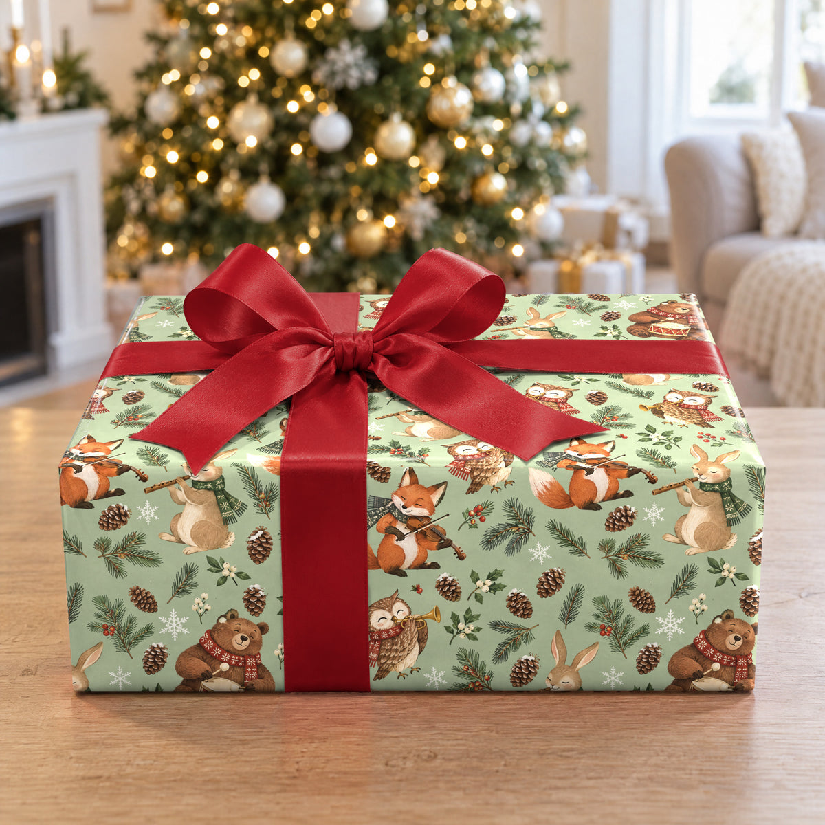 A gift wrapped in Woodland Winter Band Wrapping Paper in front of a Christmas tree