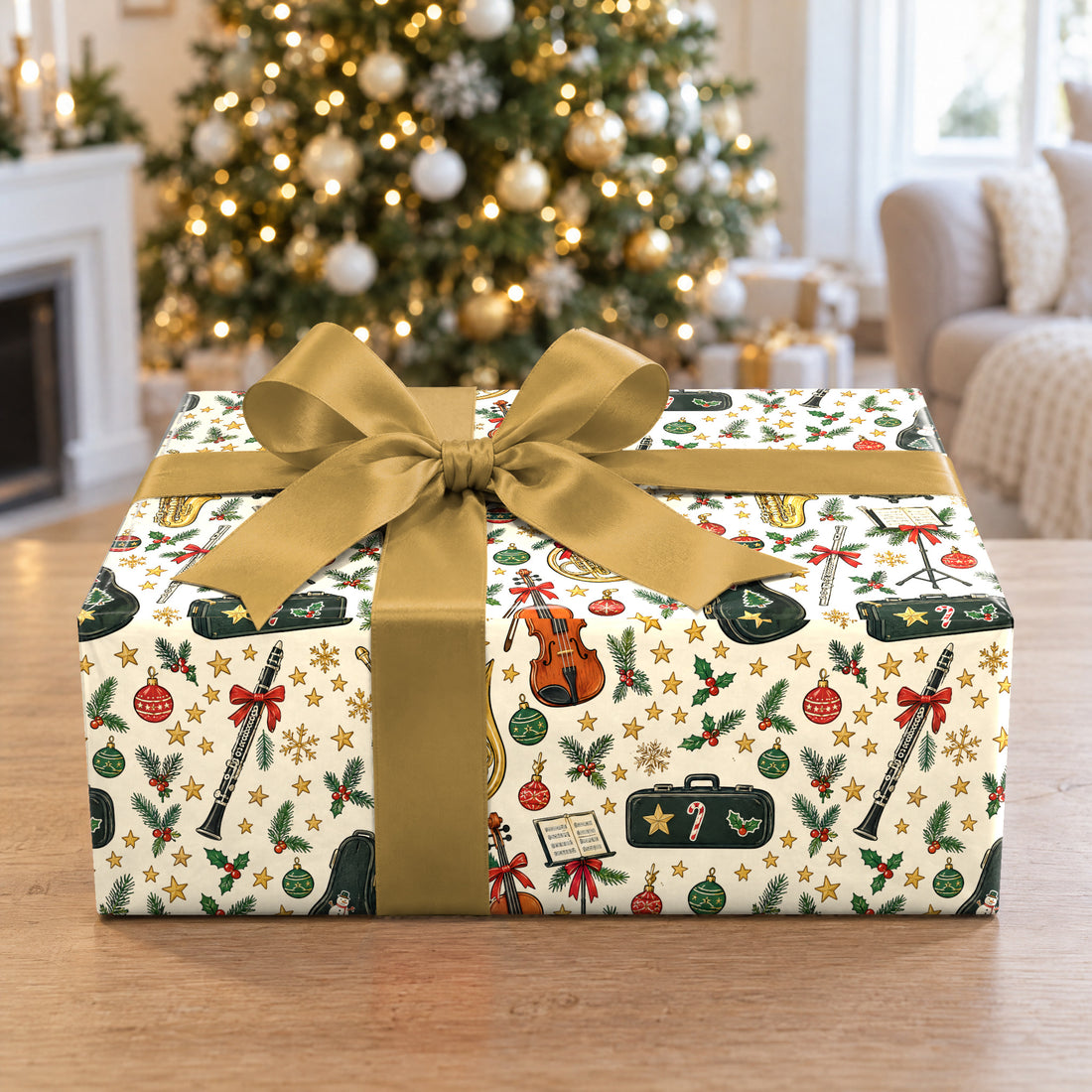 A gift wrapped in Band Kid Holiday Concert Wrapping Paper in front of a Christmas tree