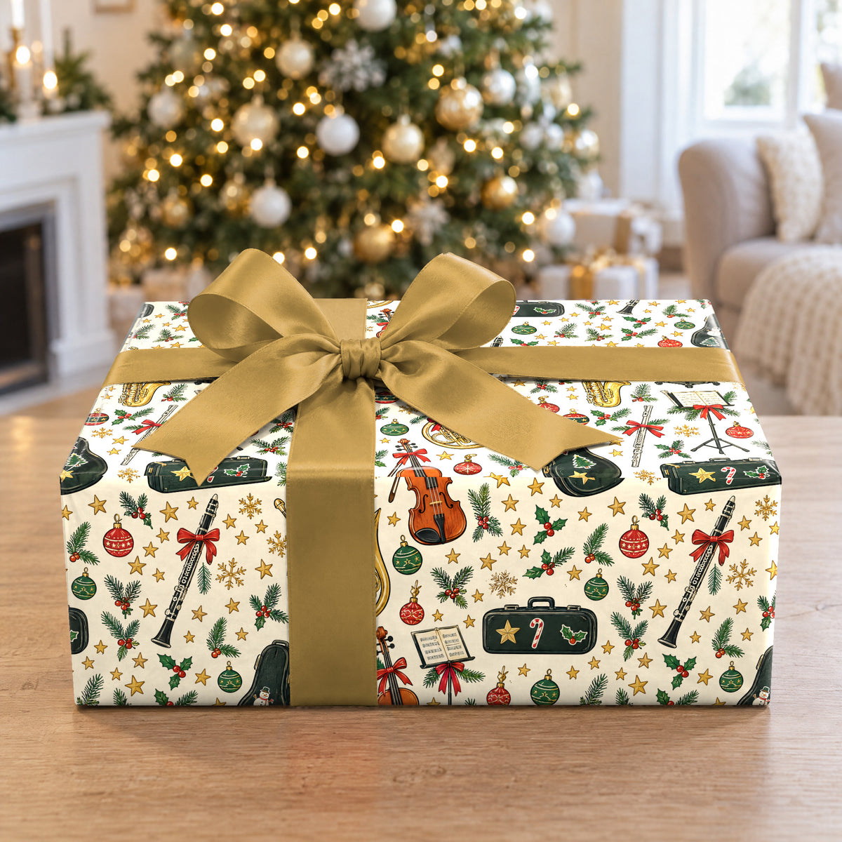 A gift wrapped in Band Kid Holiday Concert Wrapping Paper in front of a Christmas tree