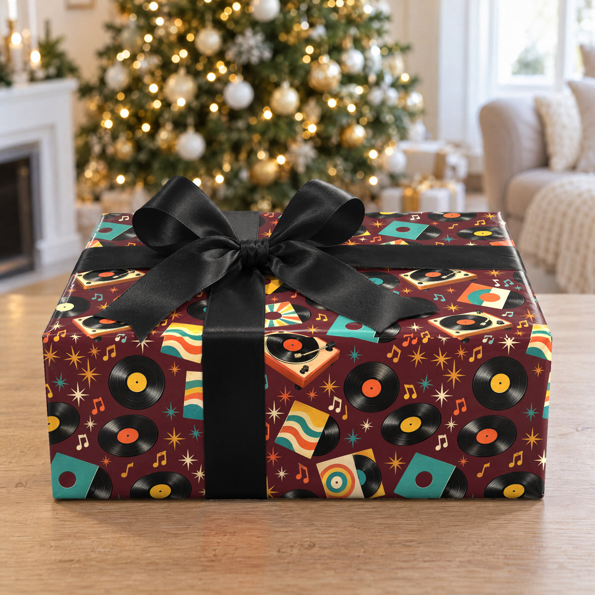 A gift wrapped in Vinyl Record Collage Wrapping Paper in front of a Christmas tree