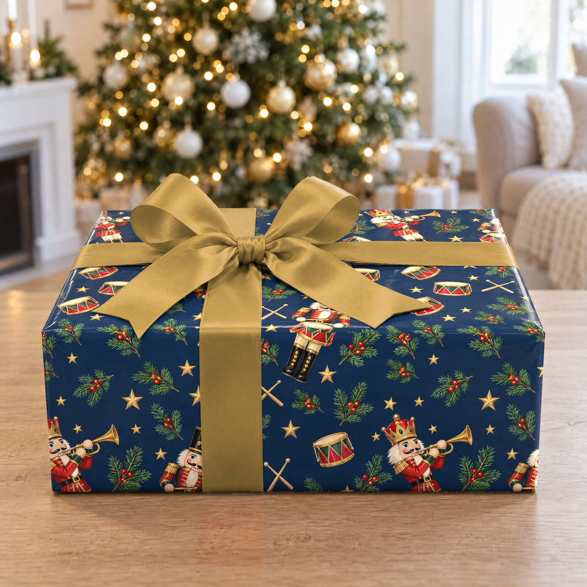 A gift wrapped in Nutcracker Drummers Wrapping Paper in front of a Christmas tree