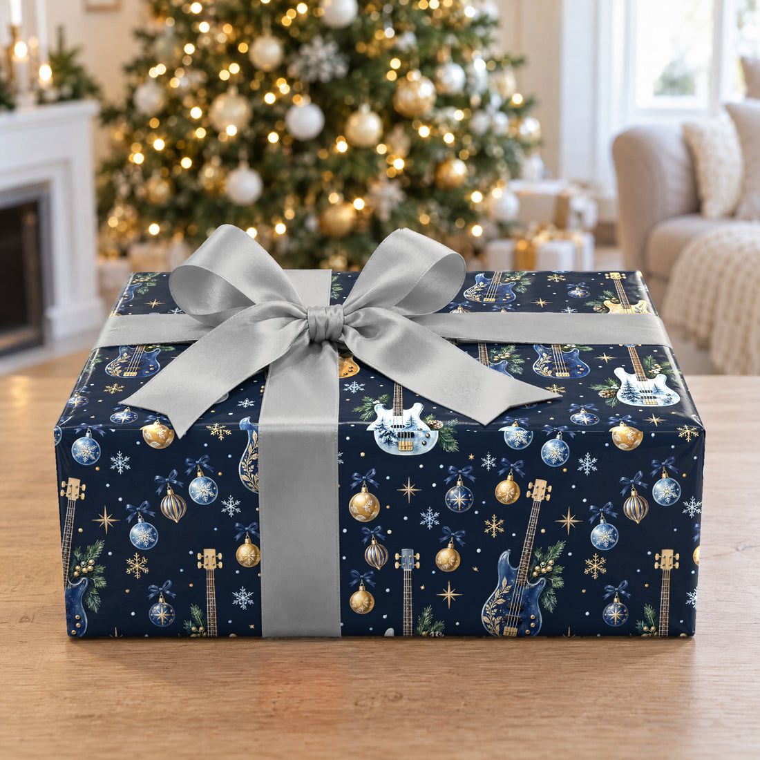 A gift wrapped in Bass Drop Christmas Wrapping Paper in front of a Christmas tree